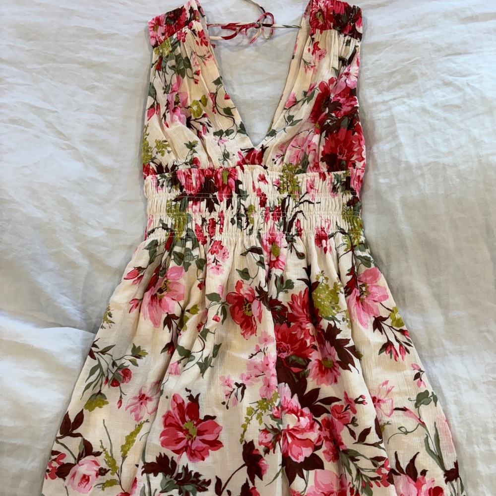 Abercrombie & Fitch Pink and Red Plunge Ruched Sundress